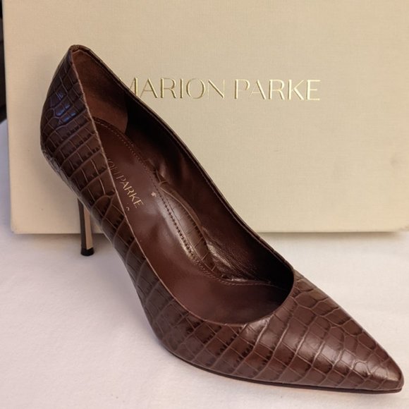 MARION PARKE Must Have 85 Crocodile Print Leather Stiletto Pump in Brown Sz 38